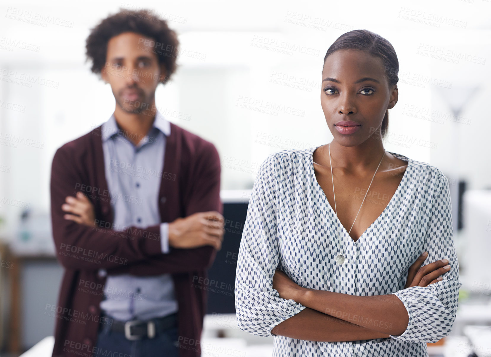 Buy stock photo Portrait, serious and arms crossed with business people in office together for collaboration or ambition. Company, teamwork and confident black woman with man colleague in design workplace for career