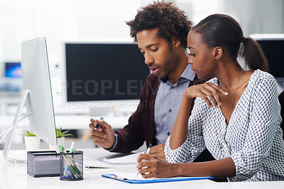 Buy stock photo Teamwork, thinking and business black people in office together for planning or idea report. Collaboration, documents or meeting with young woman and man employee in workplace for agenda or review