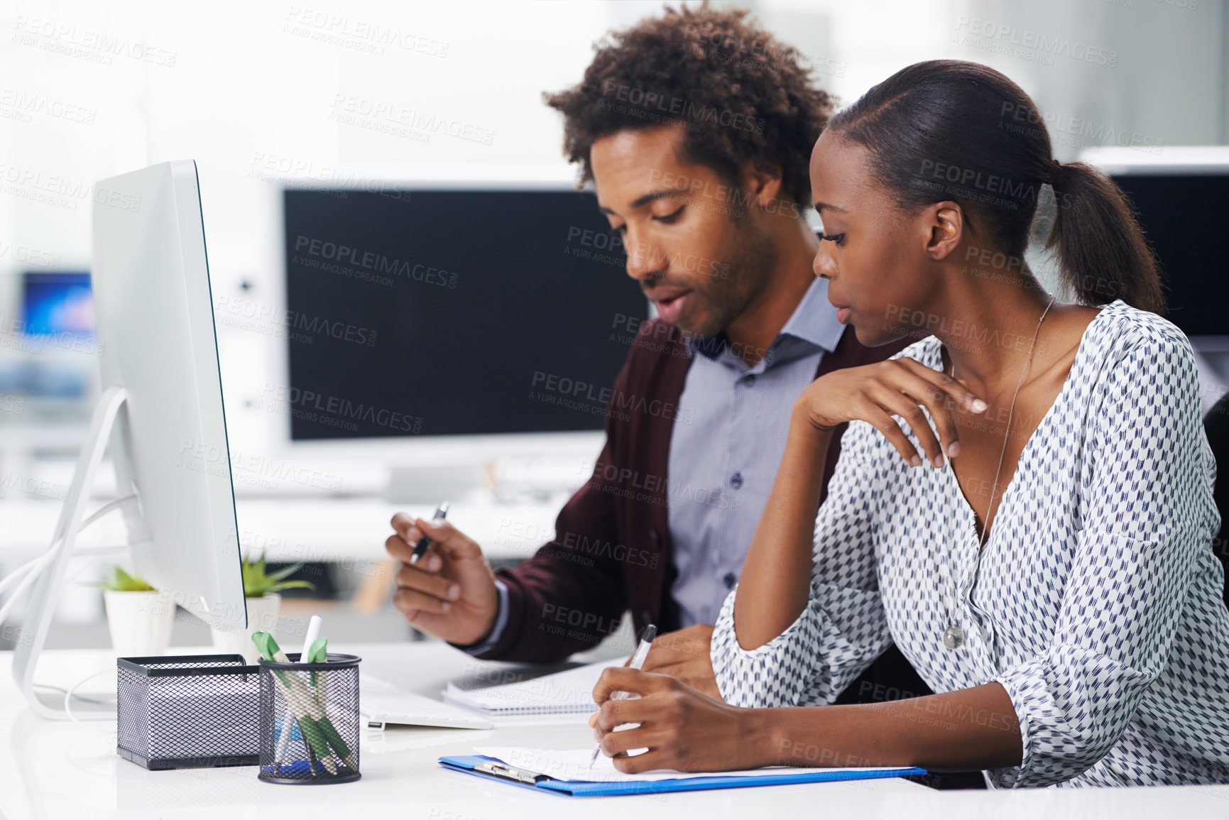 Buy stock photo Teamwork, thinking and business black people in office together for planning or idea report. Collaboration, documents or meeting with young woman and man employee in workplace for agenda or review