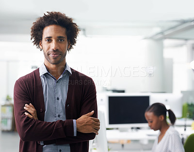 Buy stock photo Portrait, happy and business black man arms crossed in office for start of career with space. Agency, enterprise and confident young professional employee in design workplace for creative designer 