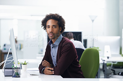Buy stock photo Portrait, computer or design and serious black man in office with creative career mission or mindset. Business, creative and startup with confident young designer in artistic workplace for employment