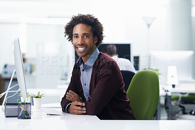 Buy stock photo Portrait, computer or design and happy black man in office with creative career mission or mindset. Creative, startup and agency with smile of young designer in artistic workplace for employment