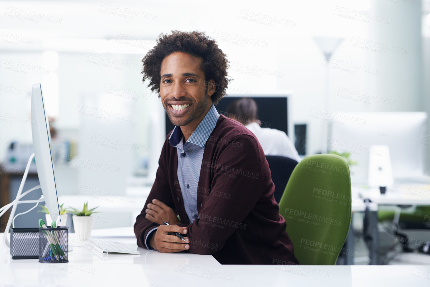 Buy stock photo Portrait, computer or design and happy black man in office with creative career mission or mindset. Creative, startup and agency with smile of young designer in artistic workplace for employment