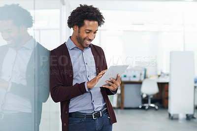 Buy stock photo Smile, digital tablet and black man in office for planning, research and schedule management. Happy, male and african businessman online for digital marketing, research and web app for creative plan