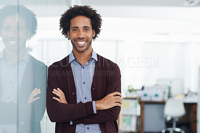 Buy stock photo Workplace, portrait or happy black man with arms crossed, pride or smile in a business or modern office. Headshot of proud African American worker smiling with confidence, mission or positive mindset