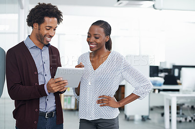 Buy stock photo Collaboration, smile and tablet with business people in office together for project management. Research, teamwork or technology with young black man and woman employee in workplace for discussion 