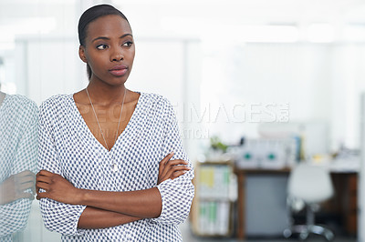 Buy stock photo Thinking, problem solving and business black woman arms crossed in office for start of future with space. Agency, idea and planning with young employee in design workplace for creative career