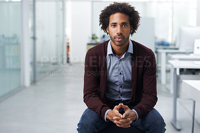 Buy stock photo Portrait, business or design and serious black man in office with creative career mission or mindset. Creative, startup and agency with confident young designer in artistic workplace for employment