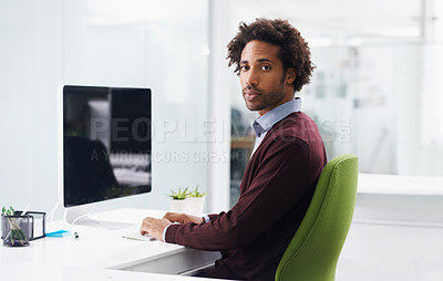 Buy stock photo Portrait, computer screen or design and serious black man in office with creative career mission or mindset. Business, startup and agency with confident young designer at desk in artistic workplace