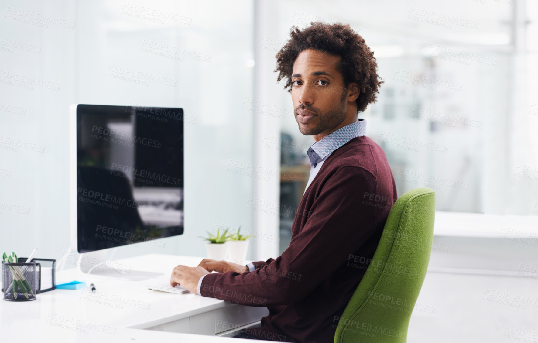 Buy stock photo Portrait, computer screen or design and serious black man in office with creative career mission or mindset. Business, startup and agency with confident young designer at desk in artistic workplace