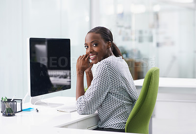 Buy stock photo Portrait, computer screen and smile with business black woman at desk in office for company administration. Display, internet and report with happy young employee at desk in workplace for research