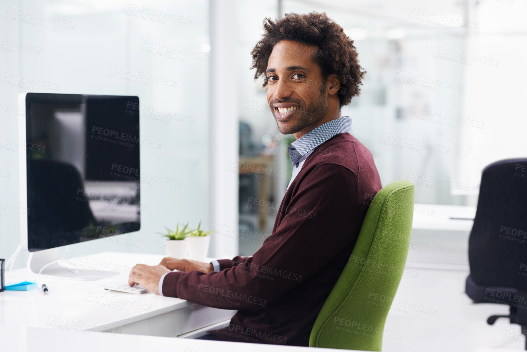 Buy stock photo Smile, computer and portrait of businessman, happy and desk in corporate office. Technology, typing and keyboard for professional employee, desktop and screen online for email at company workplace