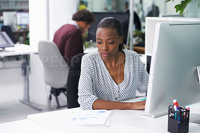 Buy stock photo Computer, research and documents with business black woman at desk in office for company administration. Email, feedback and report on pc with serious young employee in workplace for information