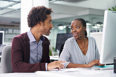 Buy stock photo Collaboration, computer and business black people in office together for planning or strategy. Desktop, meeting or teamwork with young woman and woman employee in workplace for agenda or review
