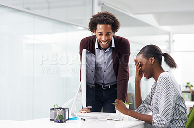 Buy stock photo African man, woman and laughing in office for funny conversation, memory and joke at startup company. Black people, employees and friends with comic story, gossip and happy at creative media agency