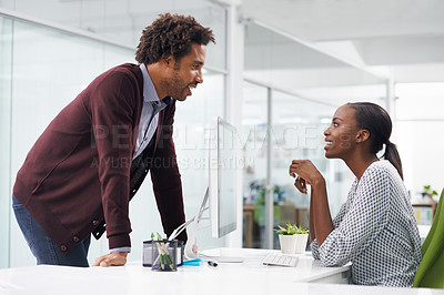 Buy stock photo African man, woman and talking in office with smile for advice, chat and questions at startup company. Black people, employees and secretary with story, information and happy at creative media agency