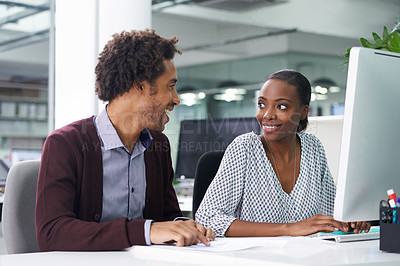 Buy stock photo Computer, teamwork and business black people in office together for planning or strategy. Collaboration, desktop or meeting with young woman and woman employee in workplace for agenda or review