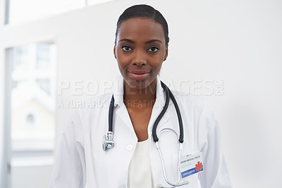 Buy stock photo Portrait, healthcare and female doctor with stethoscope, smile and radiology in hospital. Medical, wellness or lab coat for professional physician from Nigeria, neurology or woman surgeon in medicine