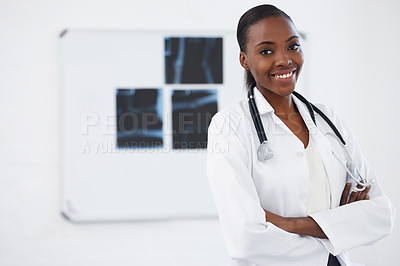 Buy stock photo Portrait, healthcare and female doctor with xray, smile and radiology in hospital. Medical, wellness or arms crossed for physician from Nigeria, bone or anatomy with stethoscope for assessment 