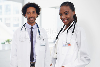 Buy stock photo Portrait, healthcare and doctor team with stethoscope, smile and wellness in hospital. Medical, expert or professional teamwork at clinic or support facility, confident or happy employees in medicine