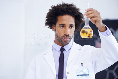 Buy stock photo Scientist, man and beaker with chemical for experiment, medical research and pharmaceutical study in laboratory. Science, african professional or test sample for expert clinical investigation at work