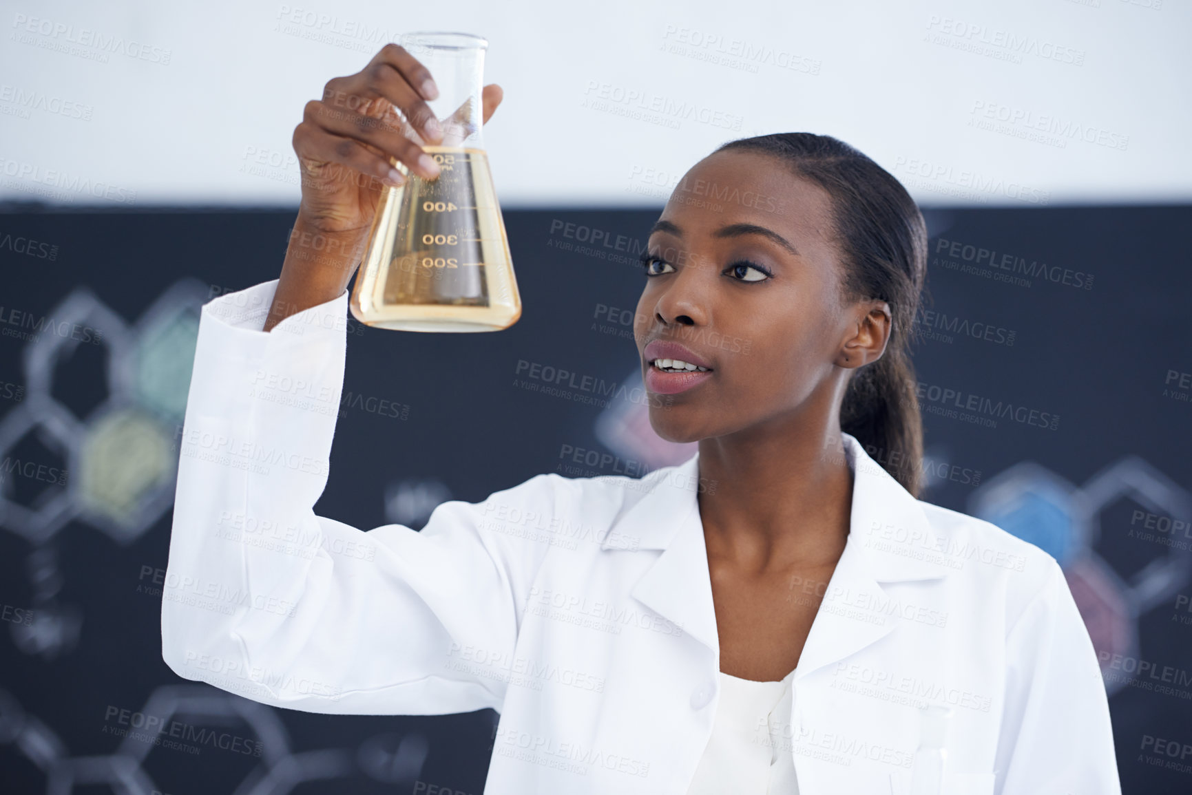 Buy stock photo Scientist, woman and beaker with chemical for study, medical research and pharmaceutical experiment in laboratory. Science, african professional and solution for expert clinical investigation at work