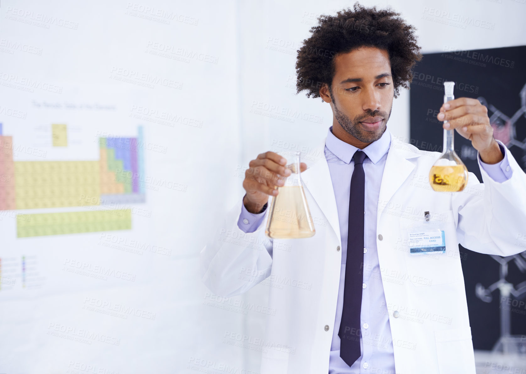 Buy stock photo Scientist, man and beaker with chemical for study, medical research and pharmaceutical solution in laboratory. Science, african professional and test sample for expert clinical investigation at work