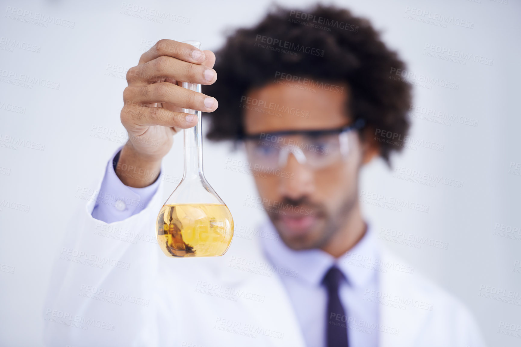 Buy stock photo Scientist, hand and beaker with chemical for experiment, medical research or pharmaceutical study in laboratory. Science, african professional or test sample for expert clinical investigation at work