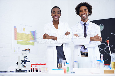 Buy stock photo Scientist, portrait and arms crossed with teamwork in laboratory for chemical research, medical study and happy. Science, african collaboration and face with confidence for pharmaceutical experiment