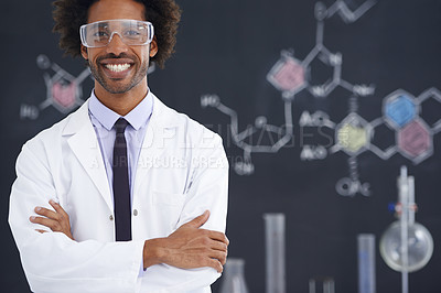 Buy stock photo Scientist, portrait and arms crossed with goggles in laboratory for chemical research, medical study and happy. Science, african professional and face with confidence for pharmaceutical experiment