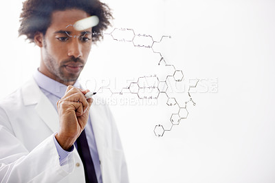 Buy stock photo Scientist, man and writing on glass for chemistry with vaccine data, formula brainstorming and pharmaceutical solution. Science, african professional and drawing medical bonds for research analytics