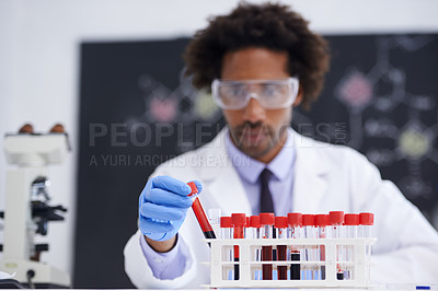 Buy stock photo Man, pathology and test tube for blood in laboratory, science and biochemistry for experiment. Black person, biology and DNA research for healthcare, RNA and process for medical innovation study