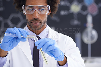 Buy stock photo Man, vaccine and test tube for science in laboratory, solution and biochemistry for engineering. Black person, vial and research for healthcare, container and process for medical innovation study