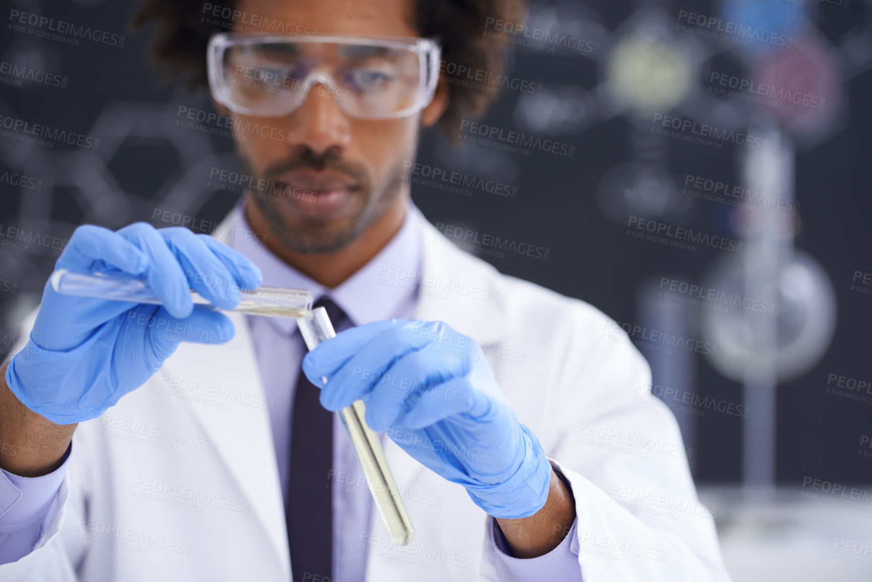 Buy stock photo Science, test tube and man scientist in a laboratory for clinical research, study or chemical reaction experiment. Medical, vial and male healthcare expert with medicine, assessment or pharma exam