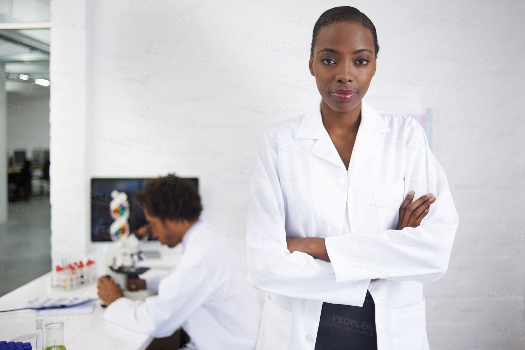 Buy stock photo Portrait, science and black woman arms crossed in laboratory for innovation or research development. Healthcare, medicine and study with young scientist in lab for breakthrough or investigation