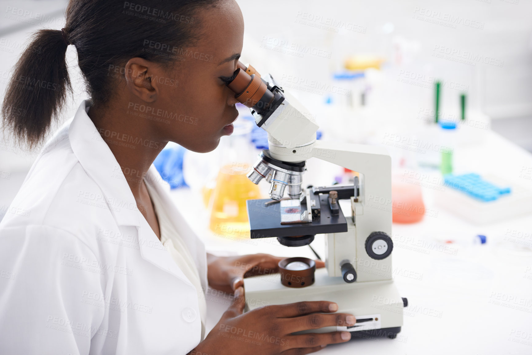 Buy stock photo Research, microscope or woman scientist in office for medical, experiment or inspection. Science, healthcare or African health expert with virus study, testing or dna analysis for lab investigation