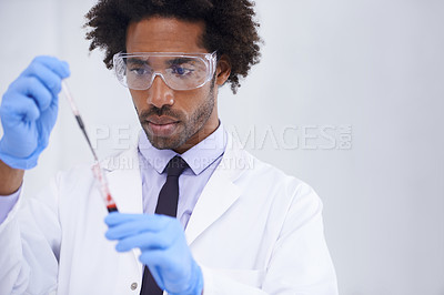 Buy stock photo Science, test and man with blood in pipette, glasses and medical research for dna results with lab technician. Pathology, laboratory and scientist with sample for analysis, investigation or diagnosis