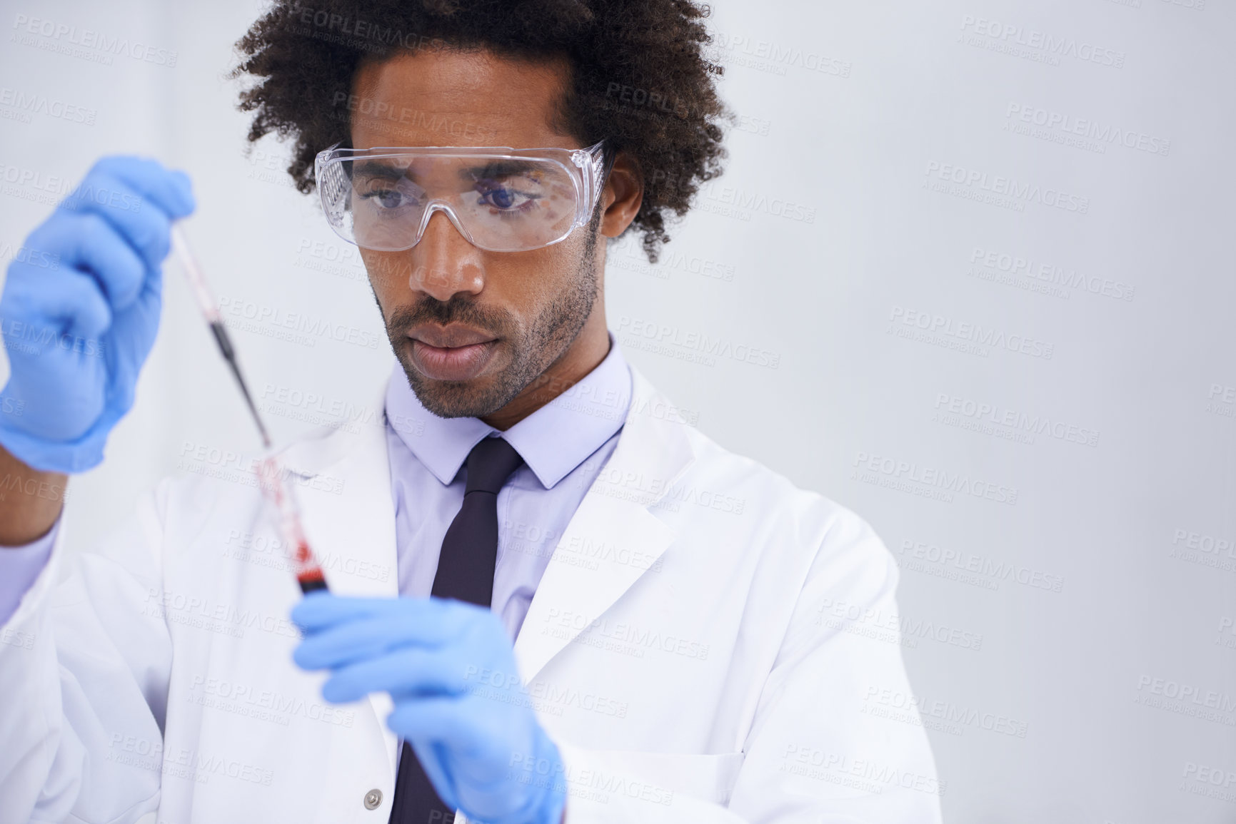 Buy stock photo Science, test and man with blood in pipette, glasses and medical research for dna results with lab technician. Pathology, laboratory and scientist with sample for analysis, investigation or diagnosis