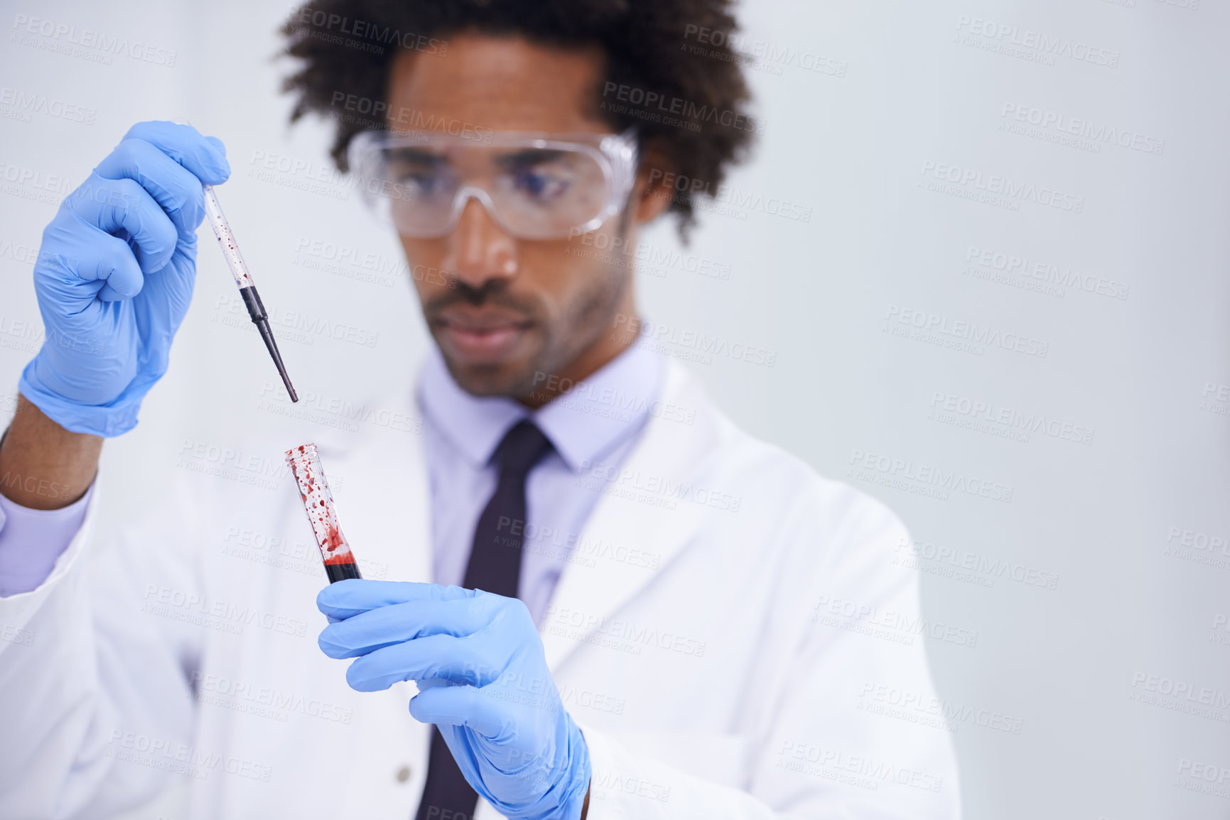 Buy stock photo Science, test and man with blood in glass pipette, mockup and medical research in dna results with technician. Pathology, laboratory and scientist with sample for analysis, investigation or diagnosis