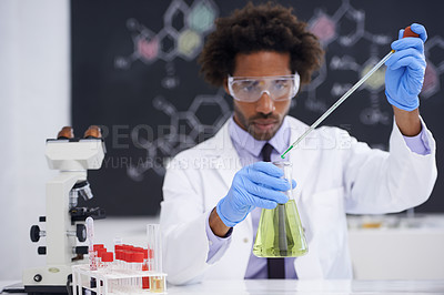 Buy stock photo Science, test and man with solution in glass, chemistry and medical research for results with lab technician. Biotech, laboratory and scientist with liquid sample for analysis, investigation or exam