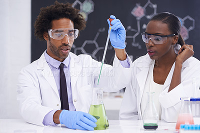 Buy stock photo Scientist, team and chemical in beaker for science experiment with medical research in laboratory. Chemistry, pharmacy and healthcare innovation with vaccine testing, black people and liquid solution