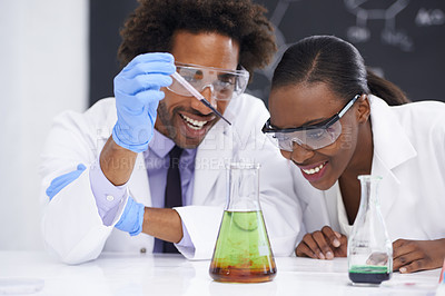 Buy stock photo Science, pipette and scientist people in lab for clinical research, study or chemical reaction experiment. Medical, beaker and healthcare expert team with medicine, examination or pharma assessment