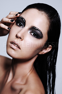 Buy stock photo Woman, eyeshadow and portrait for skincare, makeup and manicure for cosmetic in studio. Model, beautiful and attractive with lipstick for shine and glow with shimmer, smokey and glitter for bold
