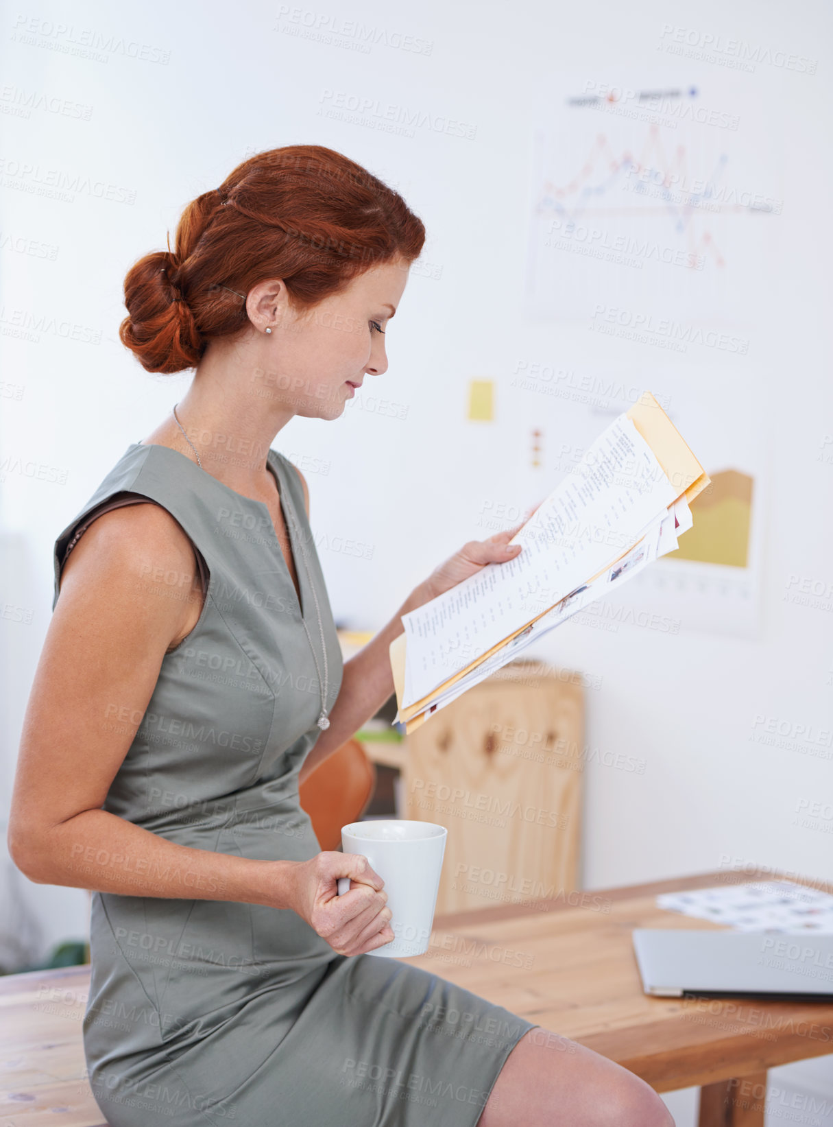 Buy stock photo Morning coffee, business and woman reading a document, professional and lawyer in modern office. Person, employee or attorney with paperwork or compliance with policy or legal with report or feedback