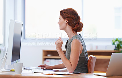 Buy stock photo Business woman, computer and reading at office desk for online planning, copywriting and social media. Professional employee, worker or writer on desktop for website, newsletter and typing a report