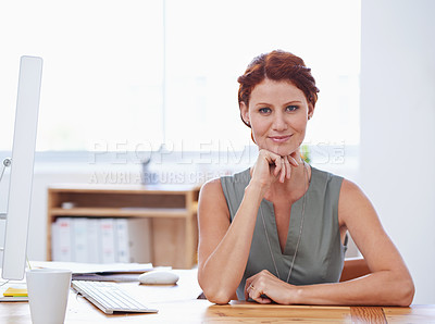Buy stock photo Business woman, portrait and confidence at office desk for human resources, career and job. Face of a professional worker, employee or happy businesswoman with computer for working or online planning