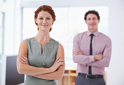 Buy stock photo Portrait, pride and businesswoman with smile in office, professional and corporate in workplace. Female person, confident and happy with colleague for business deal or startup project for future