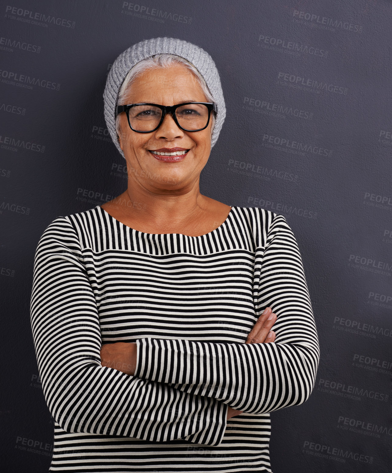 Buy stock photo Portrait, old woman and fashion with glasses, arms crossed and happiness on dark studio background. Face, old person and model with confidence and eyewear with clear vision, hipster or stylish outfit