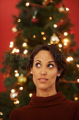 Buy stock photo Christmas, tree and woman in home thinking of festive holiday and planning decoration event on vacation. Happy, girl and excited for xmas in winter and ideas for house with traditional aesthetic