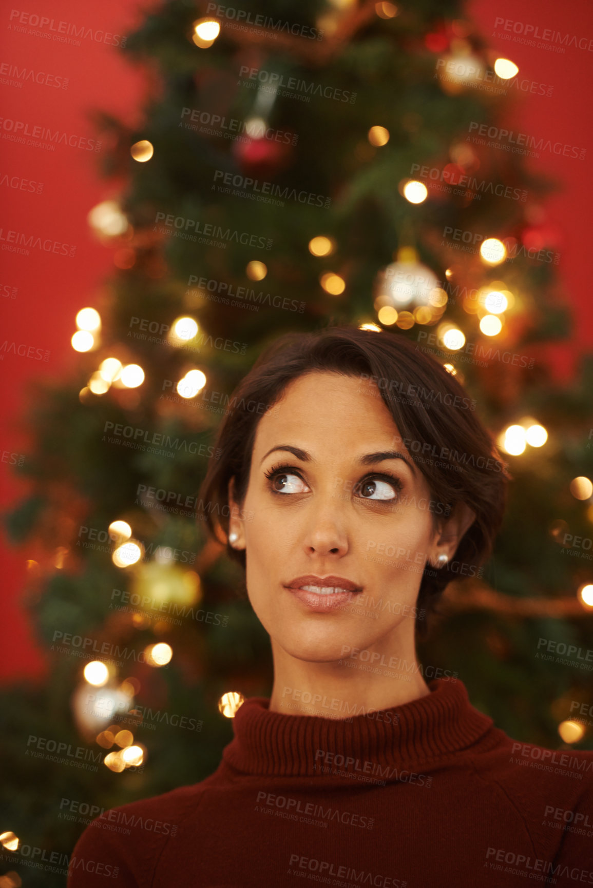 Buy stock photo Christmas, tree and woman in home thinking of festive holiday and planning decoration event on vacation. Happy, girl and excited for xmas in winter and ideas for house with traditional aesthetic